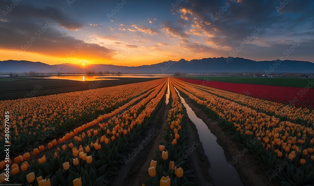  a field of tulips with the sun setting in the background and a body of water in the foreground with