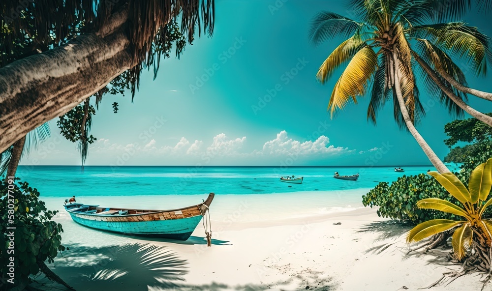  a painting of a boat on a beach with a palm tree in the foreground and another boat in the distance