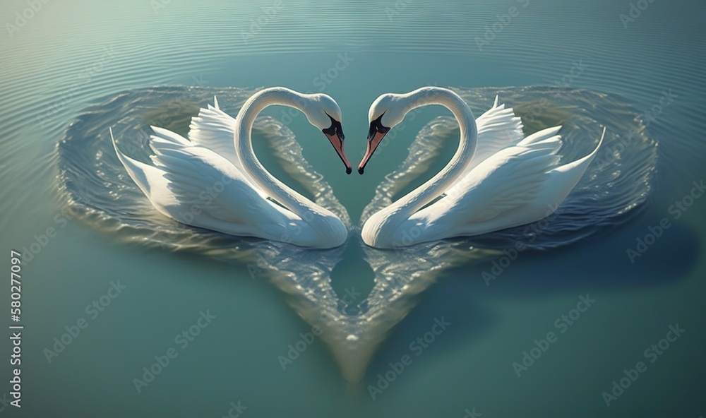  two swans are making a heart shape on the waters surface as it swims in the water with their necks