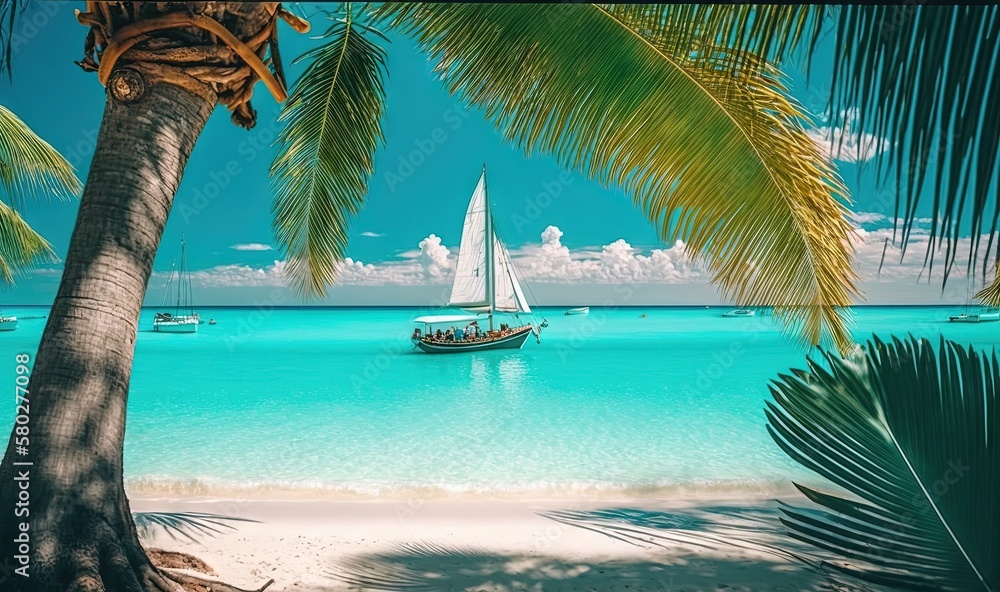  a sailboat on a tropical beach with palm trees and blue water in the background, with a boat in the