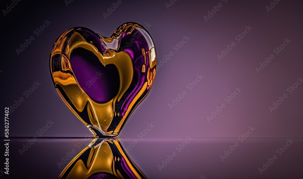  a heart shaped object sitting on top of a reflective surface in front of a purple background with a