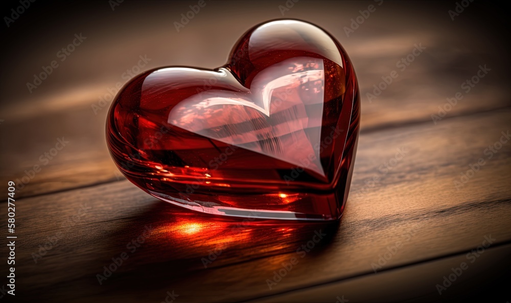  a heart shaped glass object on a wooden table with a light shining on its side and a reflection of