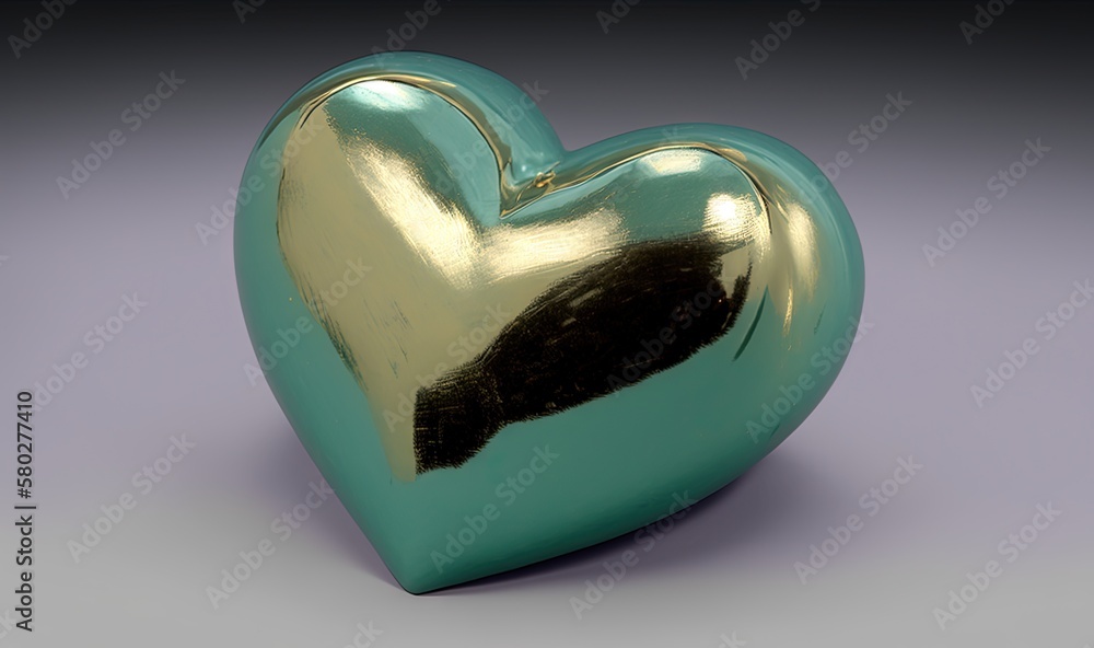  a shiny heart shaped object on a gray background with a black spot in the middle of the heart and a