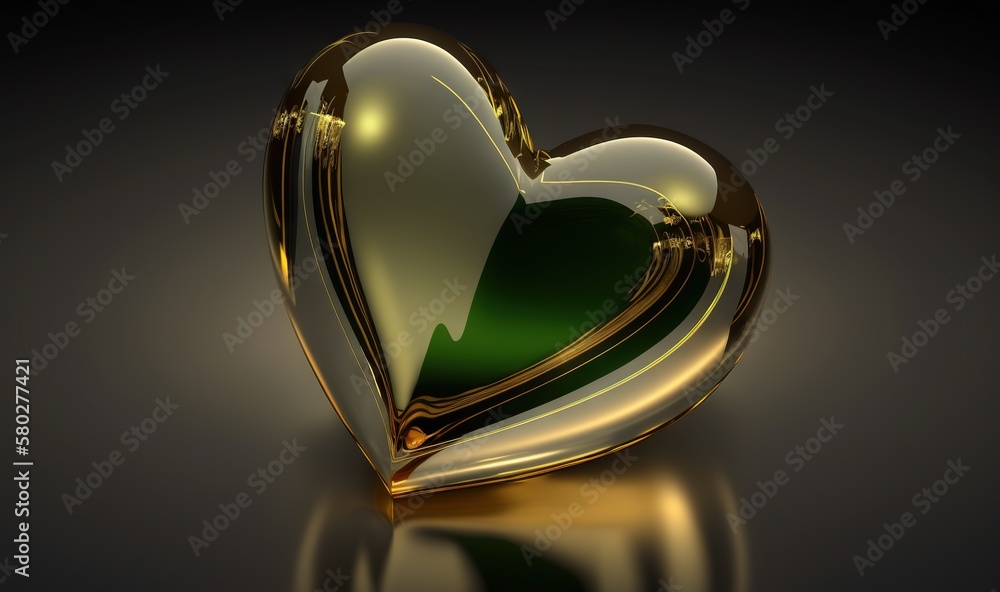  a shiny gold heart shaped object with a reflection on the floor and a black background with a refle