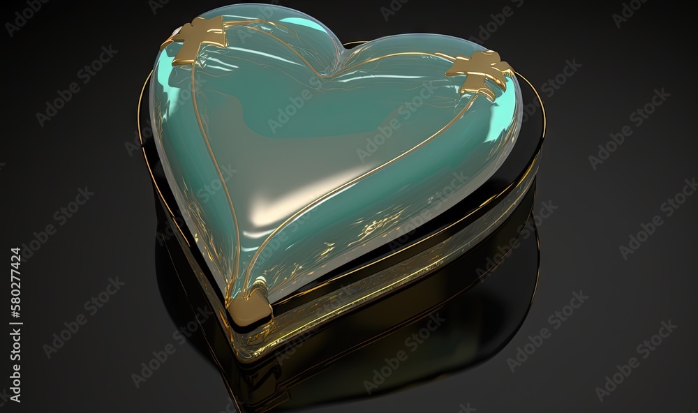  a shiny heart shaped box with a handle on a black background with a gold border around it and a gol