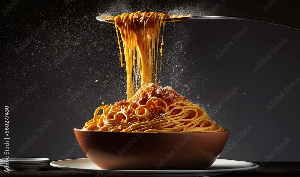  a bowl of spaghetti being tossed with sauce with a spoon on a black background with a splash of ora