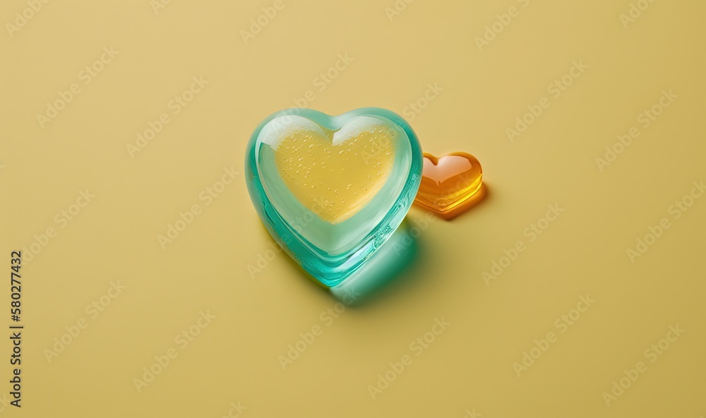  a heart shaped container sitting on top of a yellow surface next to a pill bottle with a liquid ins