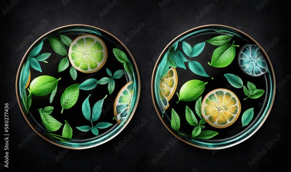  two plates with lemons and leaves painted on the sides of them, one of which has a green leaf and t