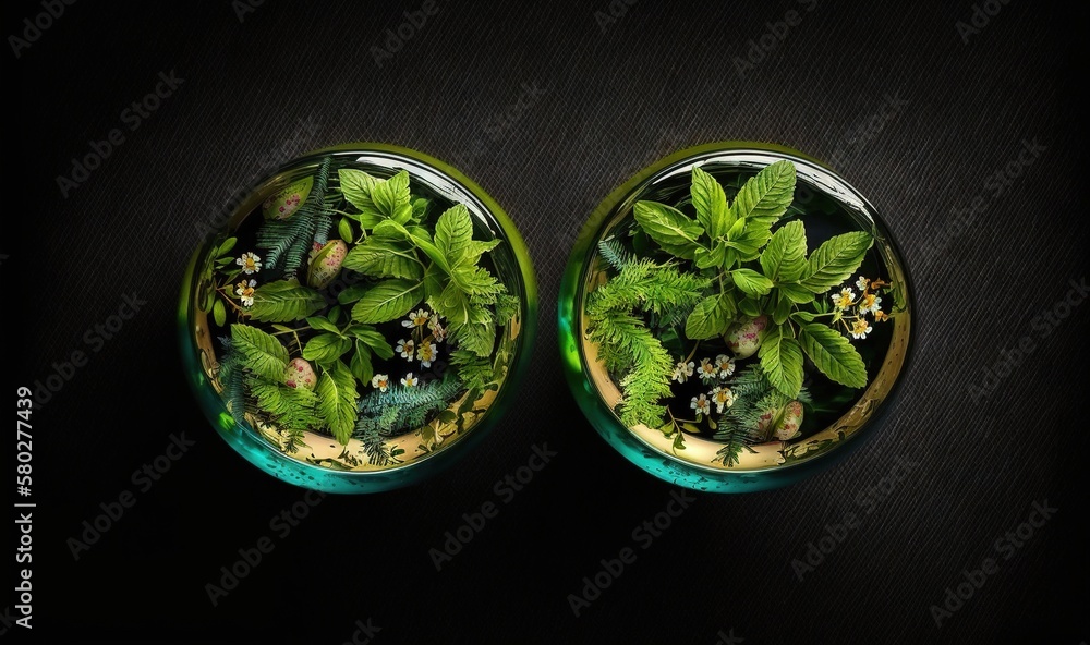  a couple of glass bowls filled with plants on top of a black tablecloth covered table top with a bl