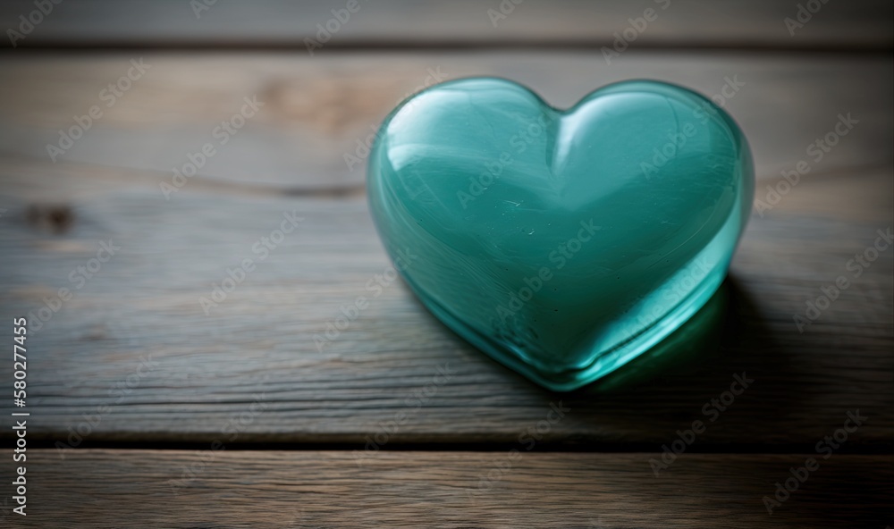  a heart shaped glass container sitting on a wooden table with a wood floor in the background and a 