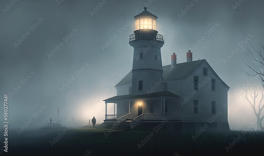  a painting of a lighthouse on a foggy night with a person standing in front of it and a lighthouse 