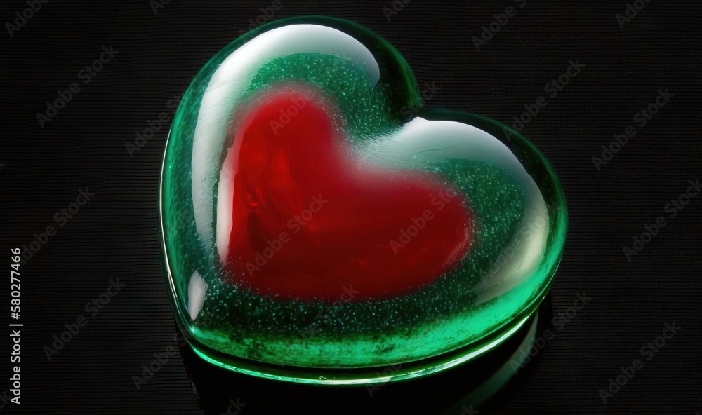  a heart shaped glass container with a green base and a red heart in the middle of the bowl, on a bl