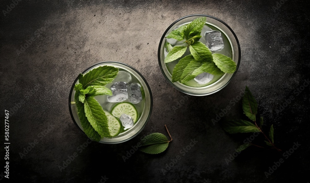  two glasses of mojito with mint and ice on a dark surface with a green leaf on the side of the glas