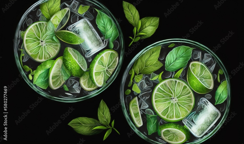  a painting of two glasses filled with limes and mints on a black background with leaves and ice cub