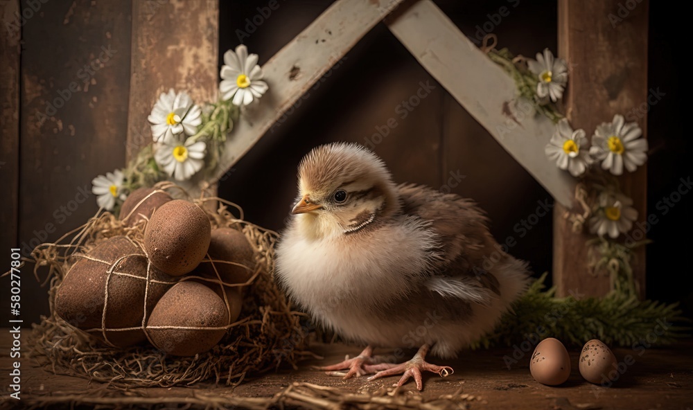  a little chick standing next to some eggs and a birdhouse with daisies on its roof and a nest of e