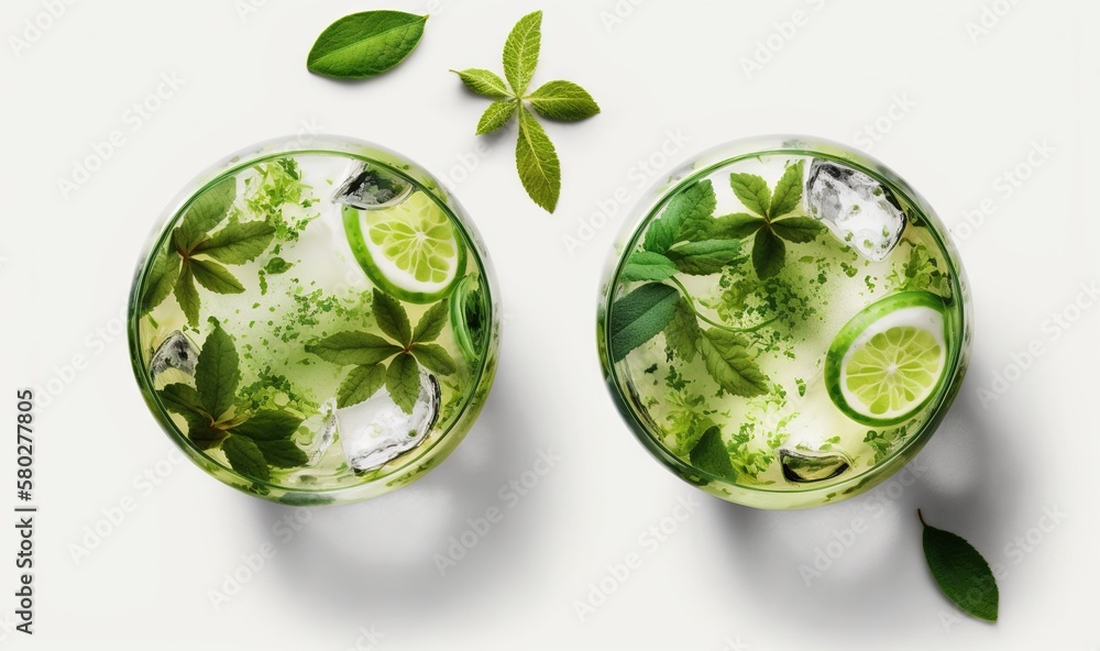  two glasses of mojito with limes and mints on a white background with a green leaf on the side of t