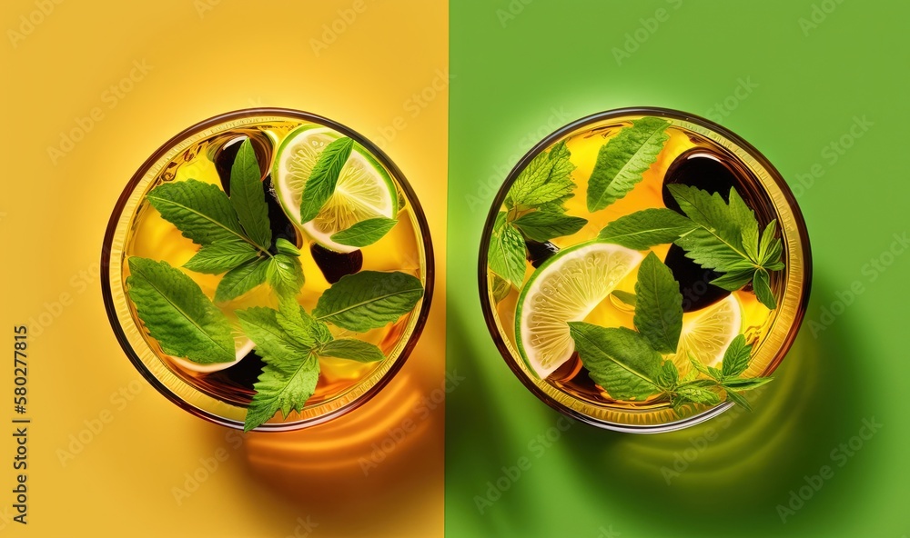  a glass of lemonade with mint and lime slices on a yellow and green background with a shadow of a g