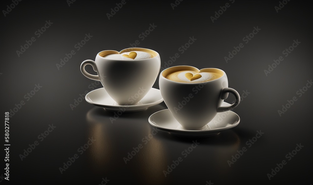  two cups of coffee with hearts in them on a black table with a white saucer and a black plate with 