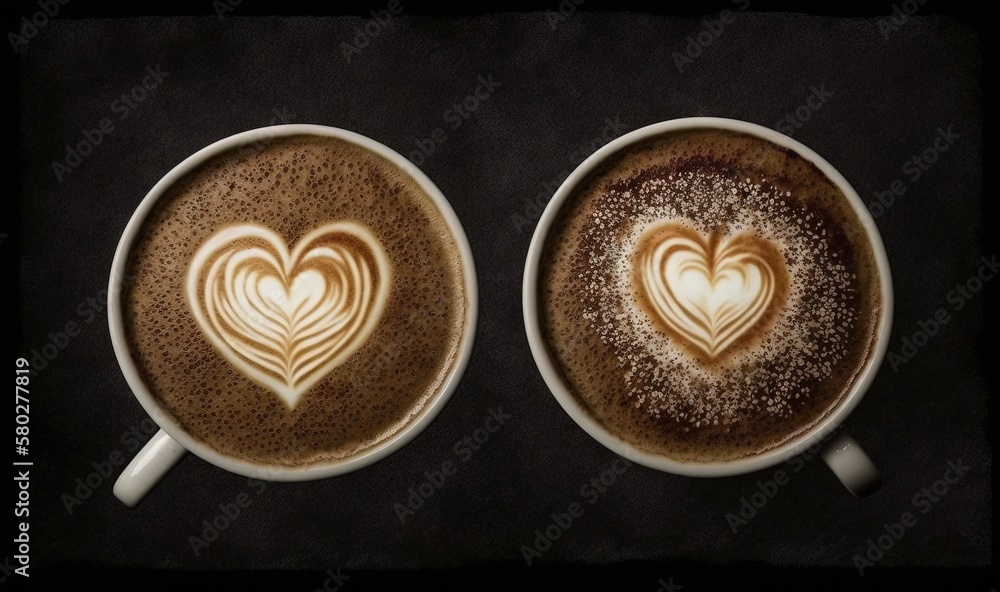  two cups of coffee with hearts drawn on the top of the cups, on a black background, with a spoon in