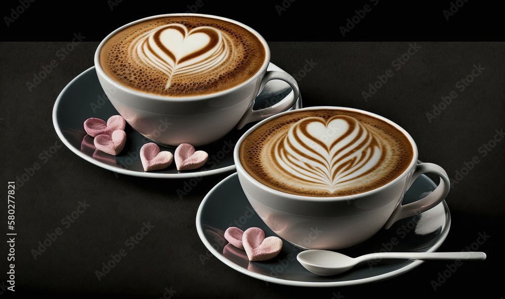  a couple of cups of coffee with hearts on top of them and spoons on a saucer with pink flowers on a