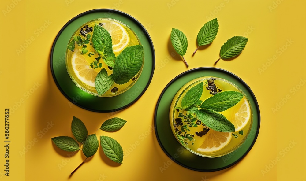  two green cups filled with lemonade and mint on top of a yellow surface with green leaves on the ri