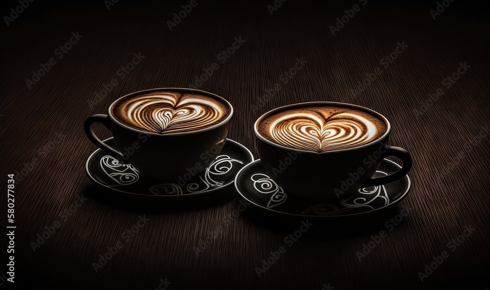  two cups of coffee on a saucer on a wooden table with a heart pattern in the middle of the cup and 