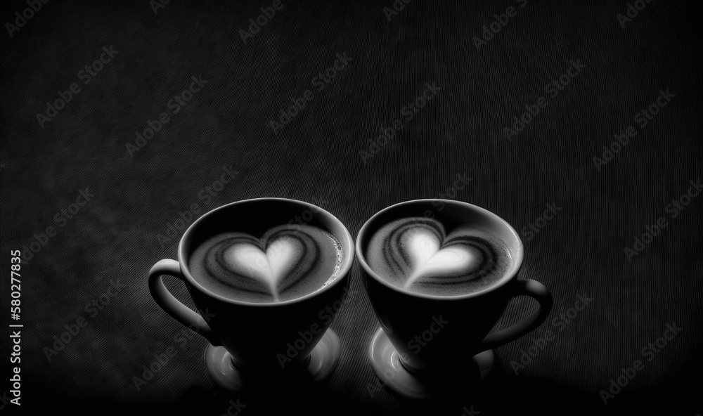  two coffee cups with hearts on them sitting side by side on a black surface with a black background