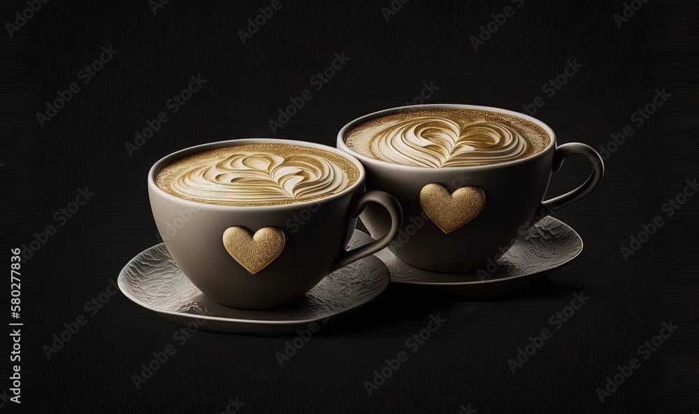  two cups of coffee with hearts on them on a saucer on a black background with a black background an