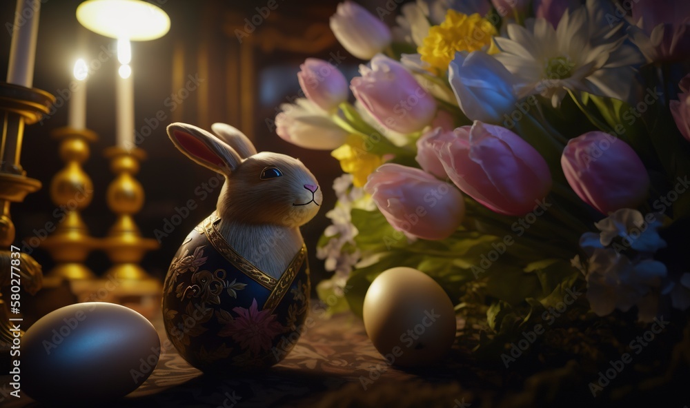  a rabbit sitting next to a vase with flowers and eggs on a table next to a candle and a vase with f