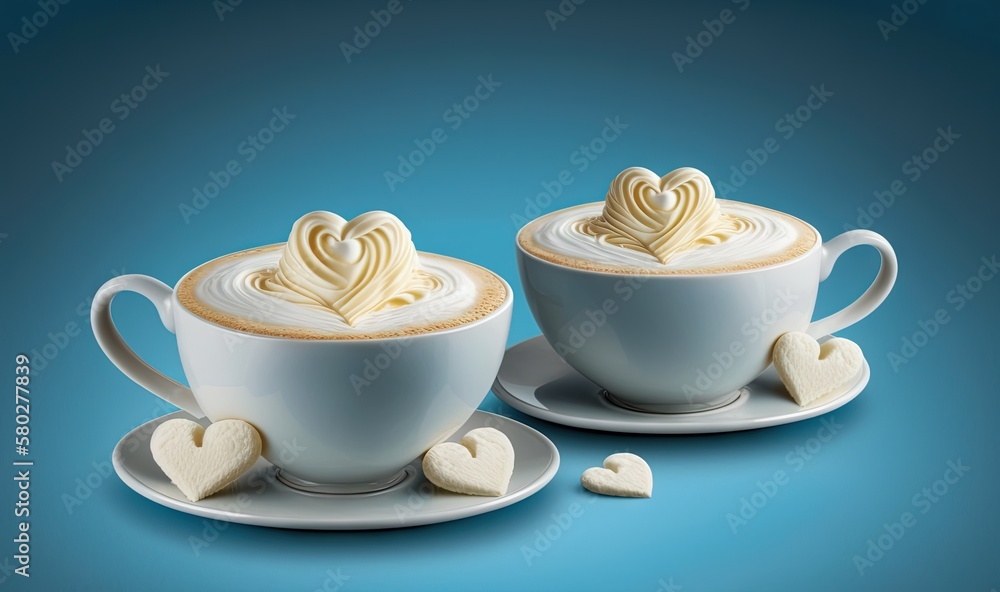  two cups of coffee with hearts on them on a saucer and saucer on a saucer, on a blue background wit