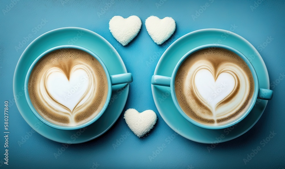  two cups of coffee with heart shaped marshmallows on a blue plate on a blue table top with a blue b