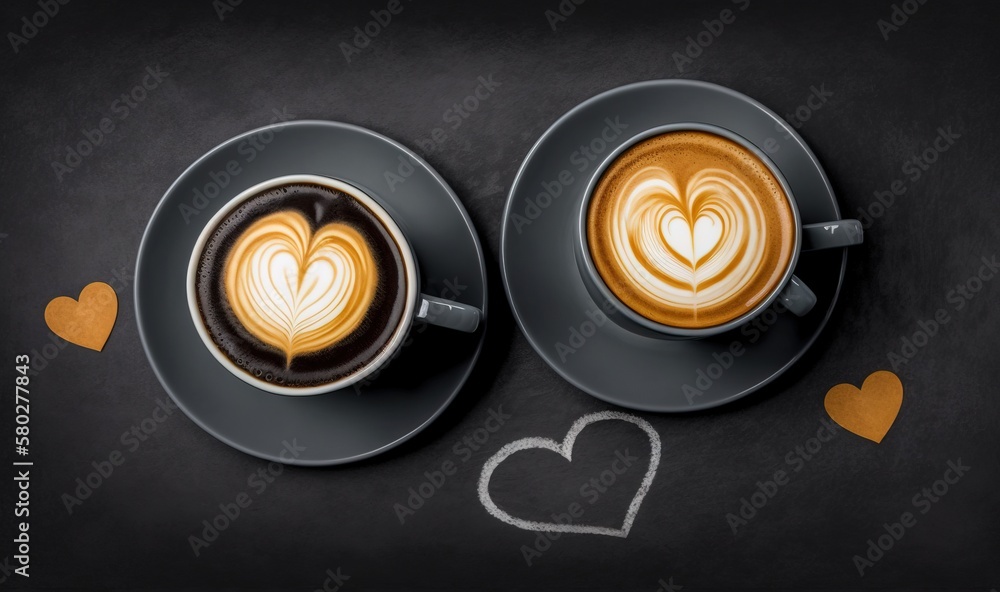  two cups of coffee with hearts drawn on the foams on a black table with a chalk heart drawn on the 