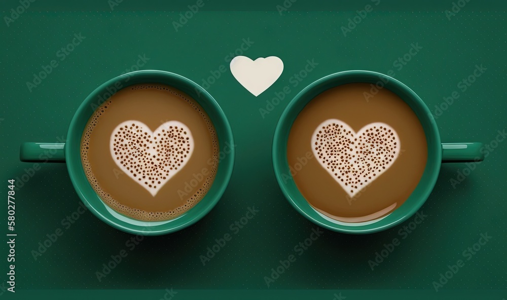  two cups of coffee with a heart drawn on the top of the cups, on a green surface with a white heart