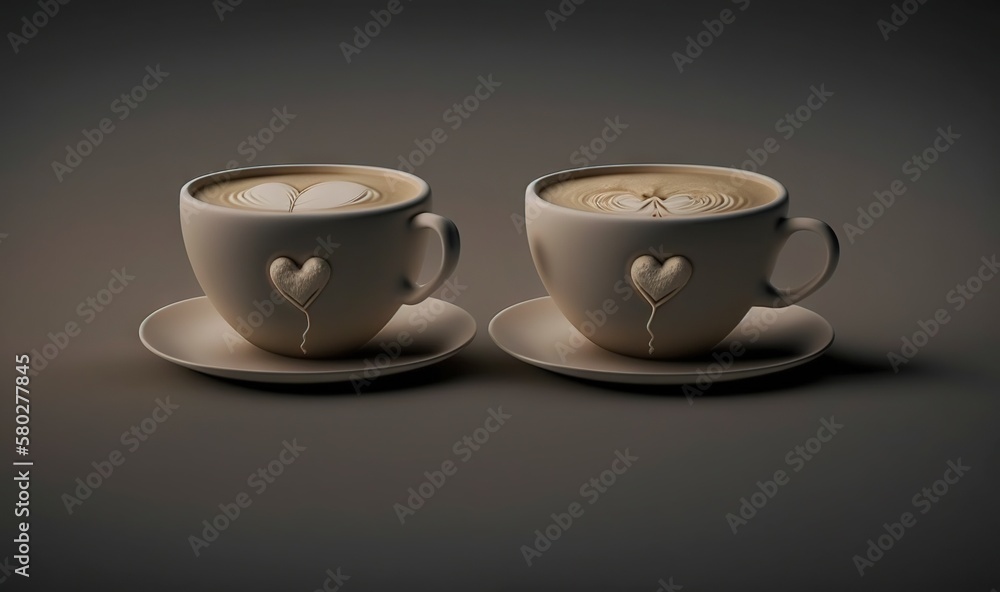  two cups of coffee with hearts drawn on the top of the cups and saucers on a saucer on a dark backg