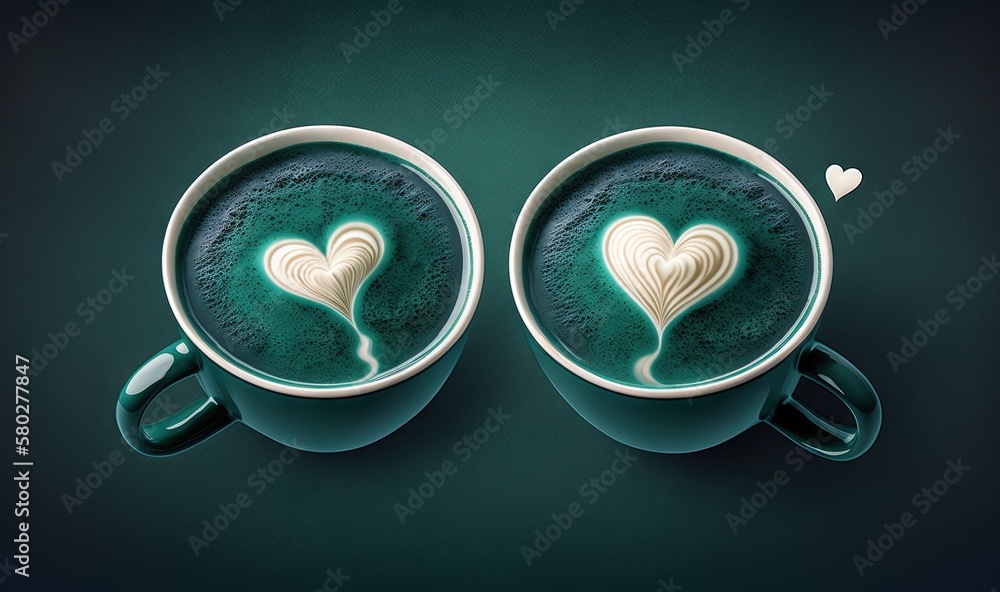  two cups of coffee with a heart in the middle of them on a green surface with a white heart on the 