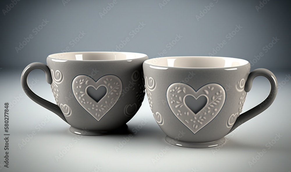  two gray cups with hearts on them sitting side by side on a gray surface with a black background be