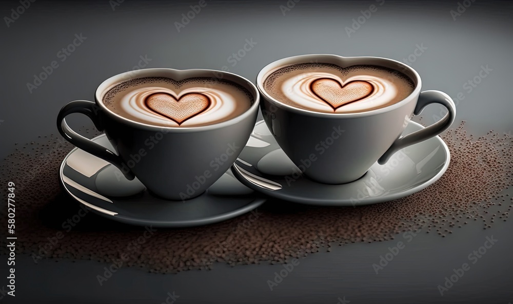  two cups of coffee with hearts in them on a saucer on a black surface with a few tiny speckles arou