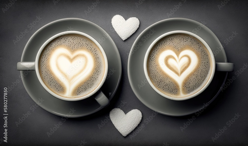  two cups of cappuccino with hearts drawn on the foams on a black table with a white heart in the mi