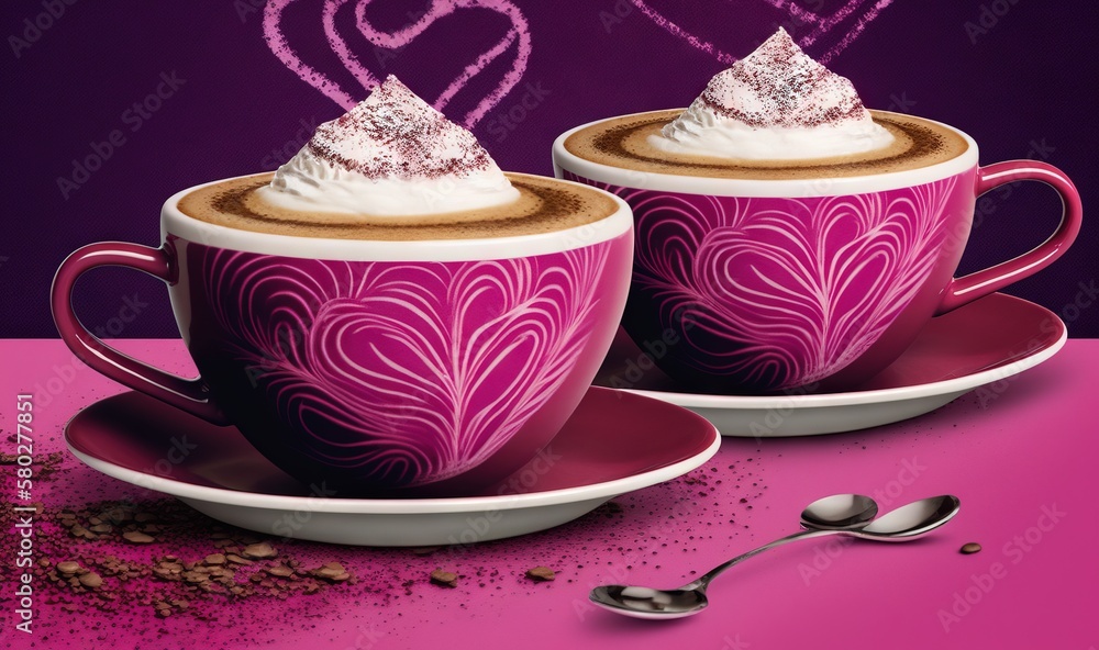  two cups of hot chocolate with whipped cream on top of them and a spoon in front of them with heart