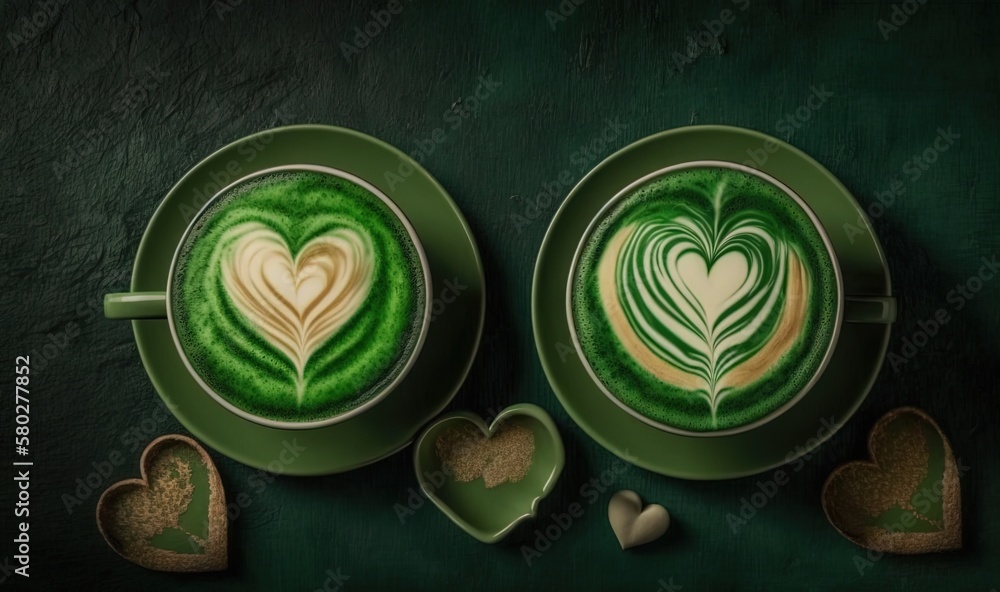  two cups of green coffee with hearts drawn on the top of the cups and two heart shaped cookies on t