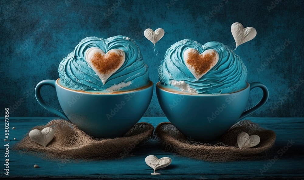  two cups of ice cream with hearts on top of them, on a blue background with a few hearts on the top