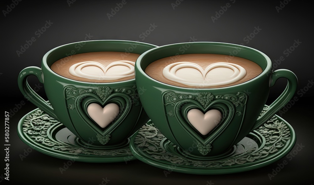  two green cups of coffee with hearts on the top and bottom of the cups are sitting on a saucer on a