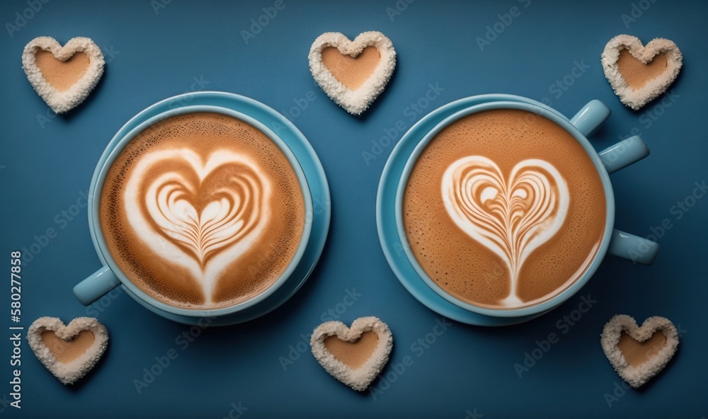  a cup of coffee with hearts drawn on it next to some sugar hearts on a blue background with a blue 