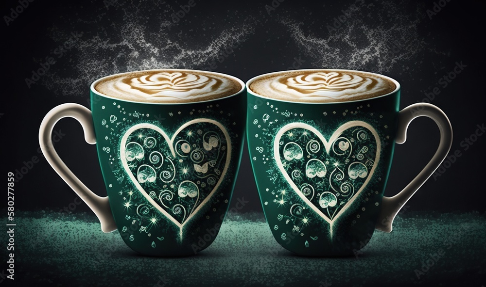  two coffee mugs with steam rising out of the top of the mugs, with a heart - shaped design on the o