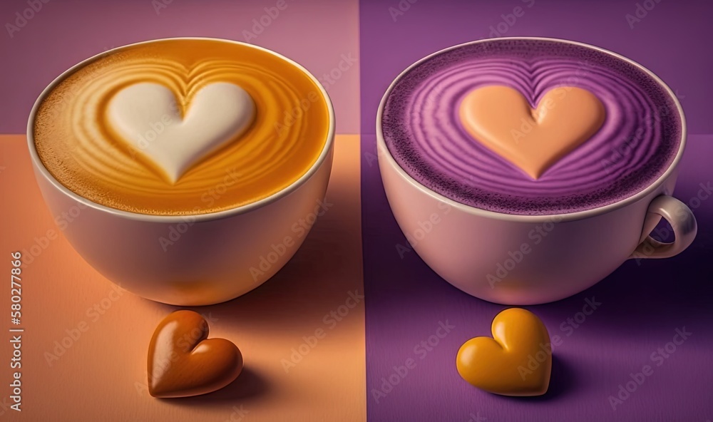  two cups of coffee with hearts on the top and bottom of the cups, one of which is orange and the ot