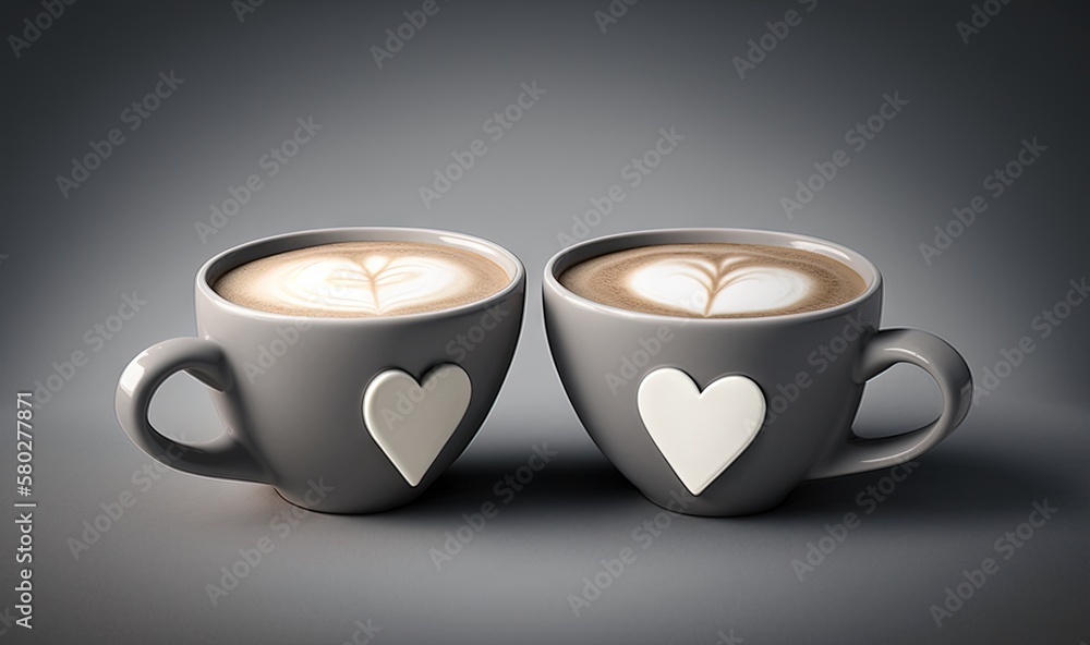  a couple of cups of coffee with hearts painted on the sides of the cups and the coffee is in the sh