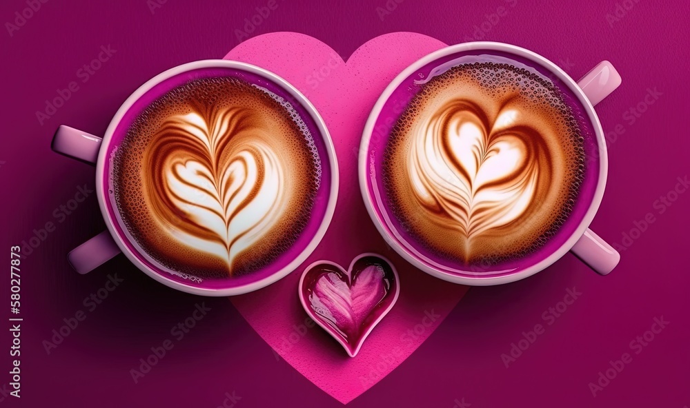  two cups of hot chocolate with hearts on a pink heart - shaped background with a paper cut out of a