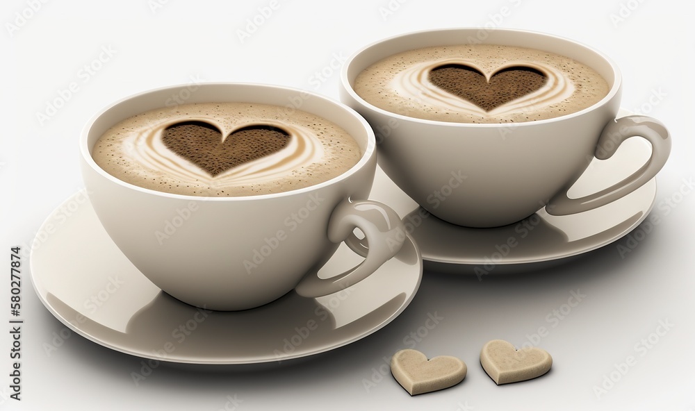  two cups of hot chocolate with hearts on top of each cup and two hearts on the side of the cup, on 