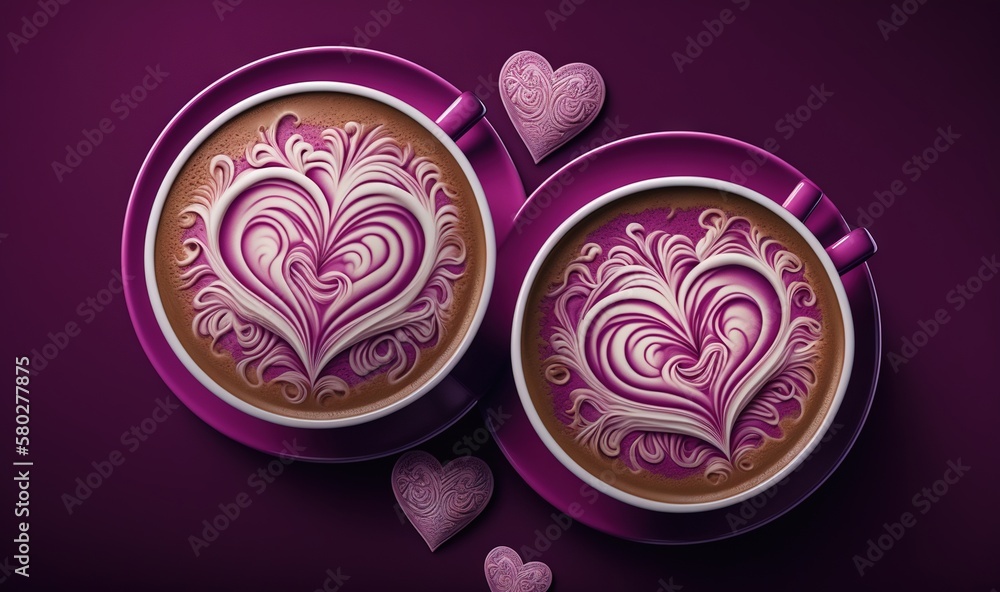  two cups of hot chocolate with hearts drawn on the top of them on a purple background with hearts a