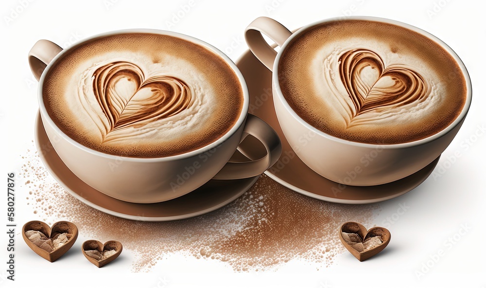  two cups of cappuccino with a heart on top of it and two hearts on the bottom of the cups, surround